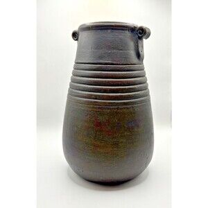 Pier 1  Dark Brown Ceramic Vase 10"Spiral Handles Handcrafted Philippines Rustic